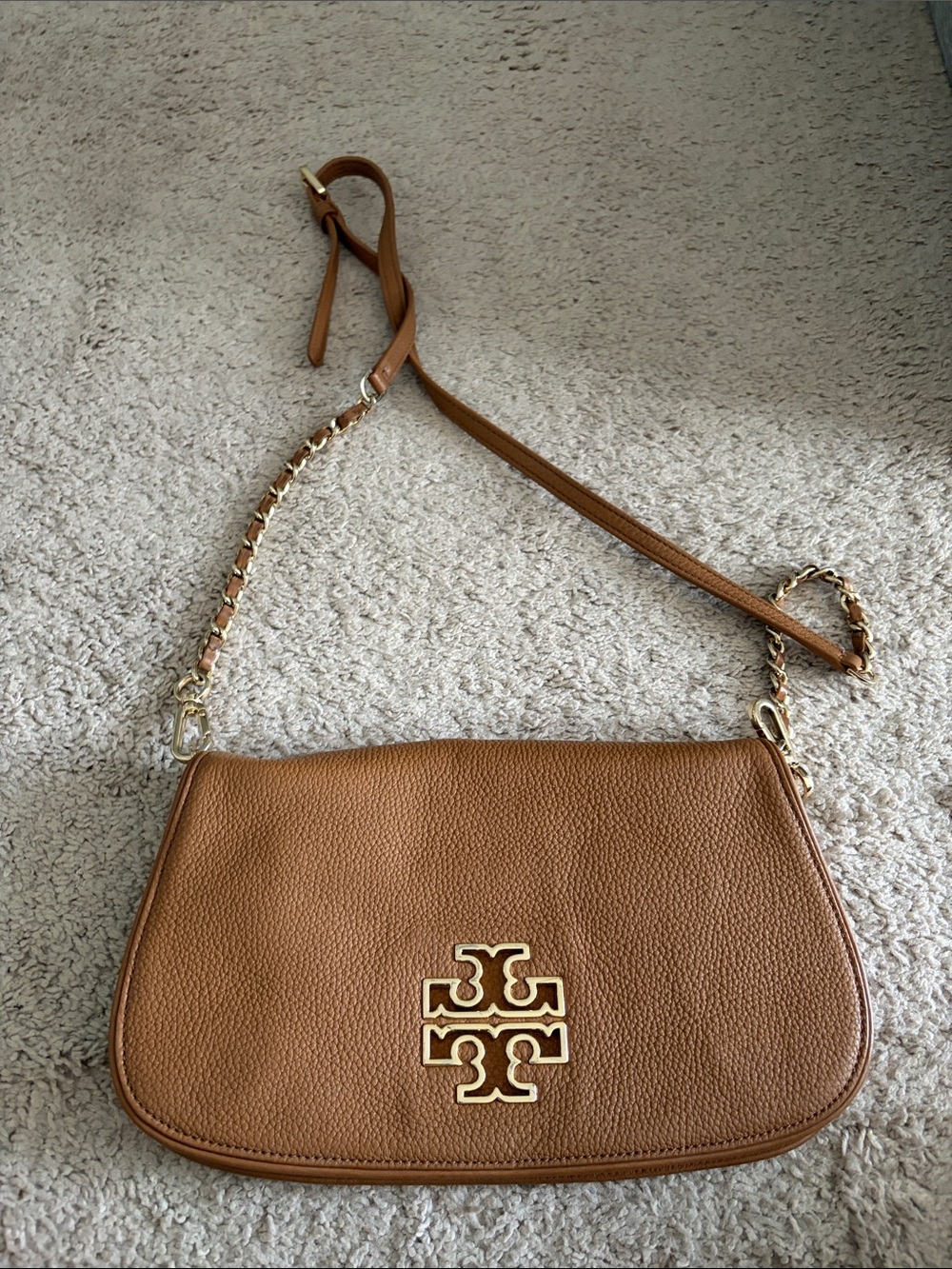 Tory Burch Caramel Tan Pebbled Leather Crossbody with Gold Logo
